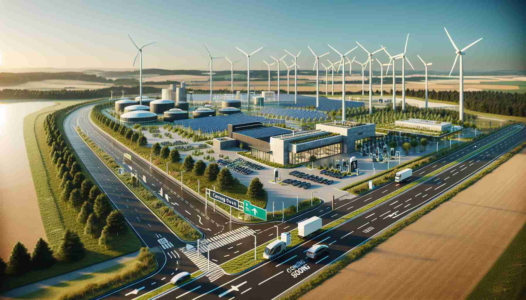 Generate a high-definition, realistic image of a new sustainable technology hub that's about to be established in a generic county environment. Show architectural features that may include solar panels, wind turbines, green buildings, charging stations for electric vehicles, and advanced waste management systems. The location is characterised by a mix of urban and rural landscapes. Roads leading to the hub can also be seen, with signs indicating 'Coming Soon'.