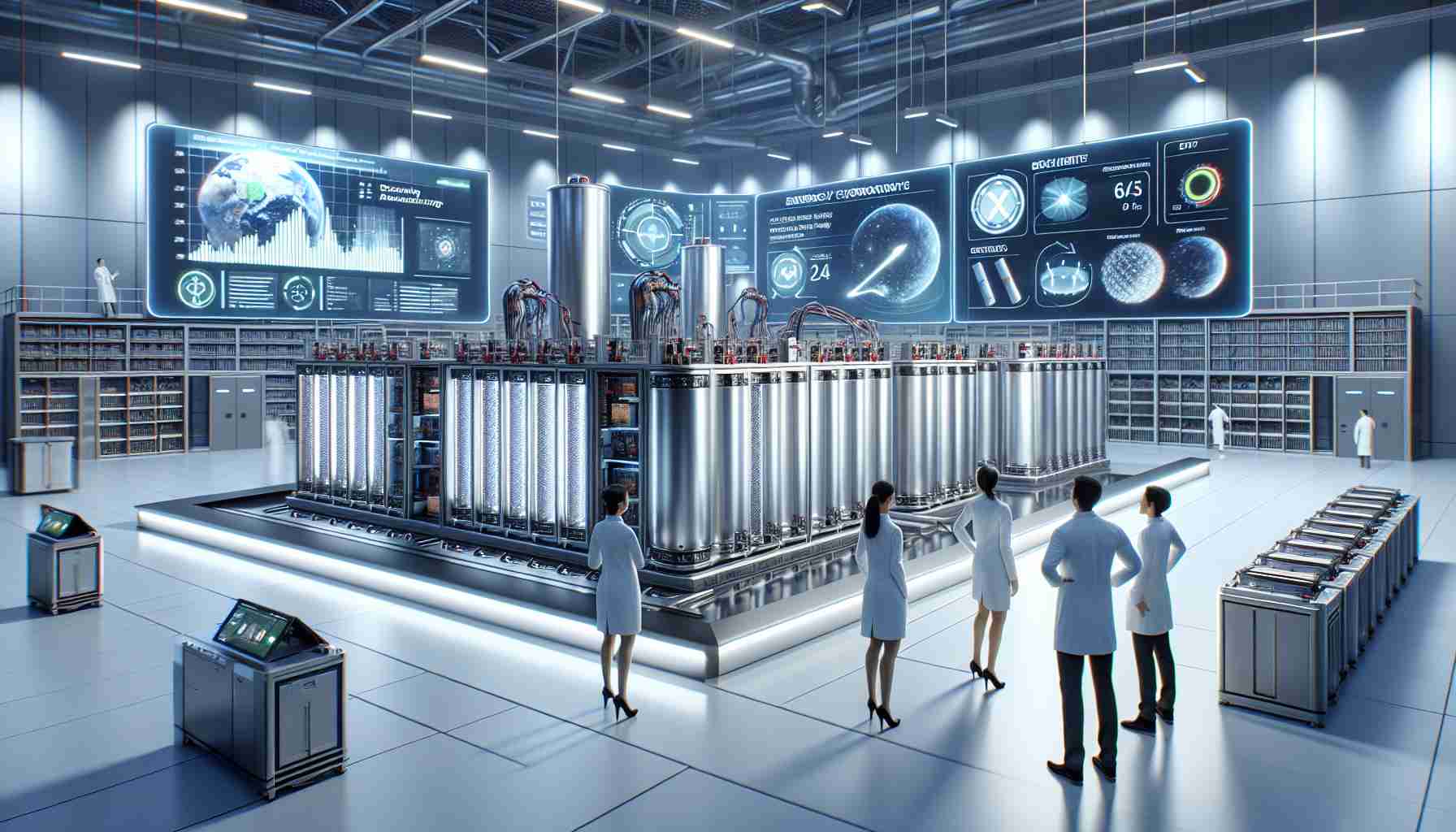 High-definition, realistic rendering of a futuristic scene showcasing a breakthrough in battery technology. The scene illustrates a cutting-edge energy storage facility with rows of large, highly efficient batteries. Some are open, revealing advanced materials and innovative design inside. High-tech control systems monitor and optimize performance. Researchers, comprised of a Caucasian male, a Black female, a Hispanic female, and a South Asian Male, are enthusiastically discussing their latest findings. Evidence of their achievement is displayed on screens depicting charts, graphs, and data points indicating remarkable efficiency and storage capacity. The backdrop is a state-of-the-art laboratory with clean lines and modern aesthetic.