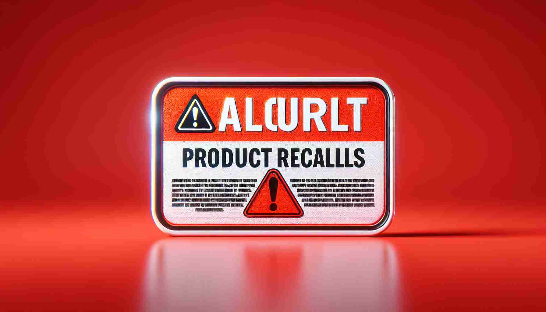 An HD image displaying an alert for product recalls. The image should have a vivid red background and a large, white, all-cap warning label reading 'PRODUCT RECALLS'. The text should be bold, clear, and easily readable. Beneath this main label, there should be smaller detailed white text with a general warning about consumer safety. There should also be an exclamation mark icon by the side of the text to emphasize the urgency and seriousness. The image should have a realistic and professional quality.