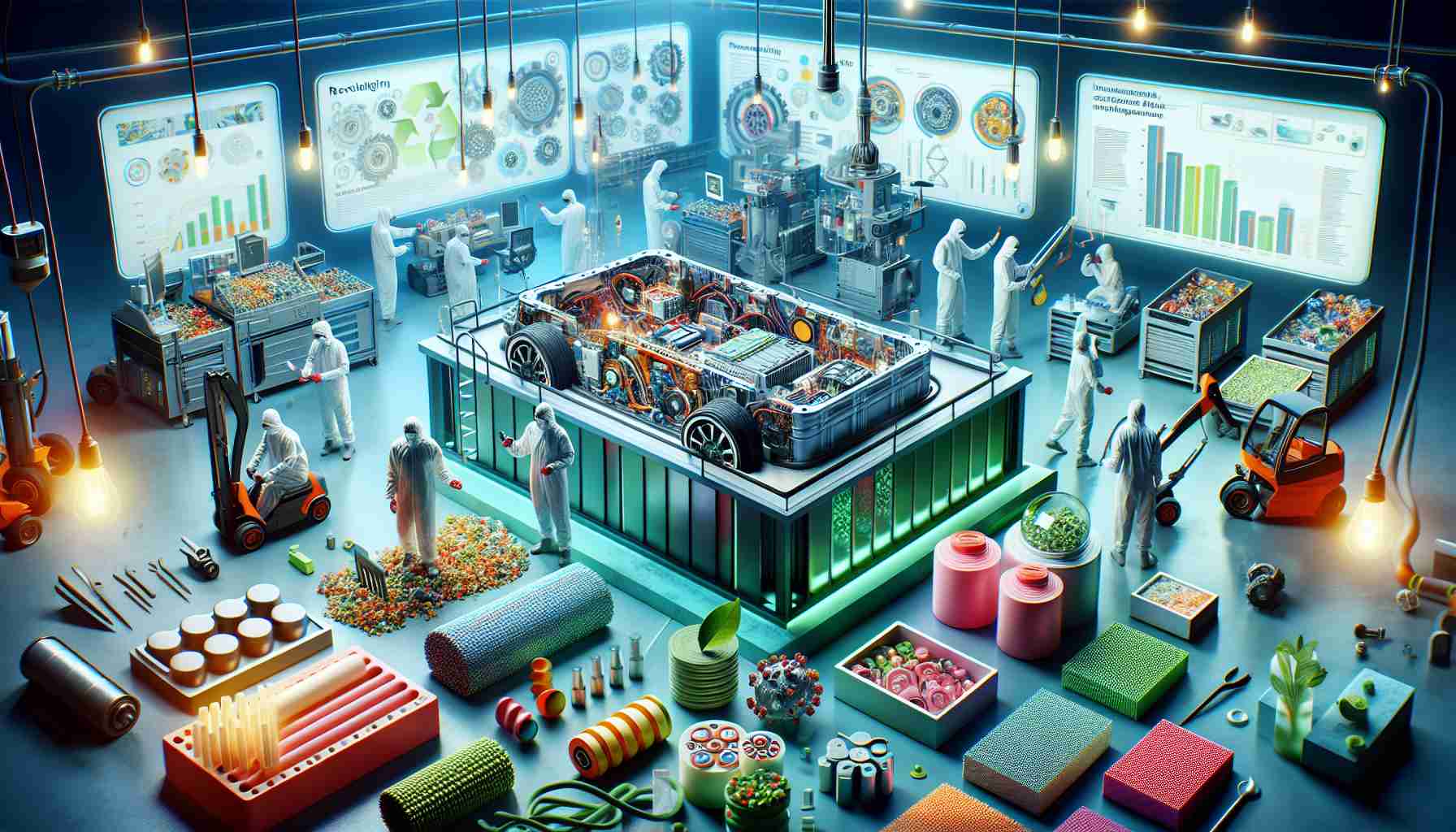 An image portraying the theme of revolutionizing EV battery recycling, including innovative and sustainable materials. In the scene, there are people of multiple genders and descents working together on eco-friendly, high-tech machinery. On the front, there's a disassembled electric vehicle battery, showing its intricate internal components, being carefully handled by workers in protective gear. Spread around are various sustainable, biodegradable materials, each with distinctive colors, forms, and textures. Above them, informative charts and diagrams on progress are displayed on digital monitors, giving a sense of major advancements in the field. The setting is vibrant and lit well, suggesting a high-definition, realistic photo.