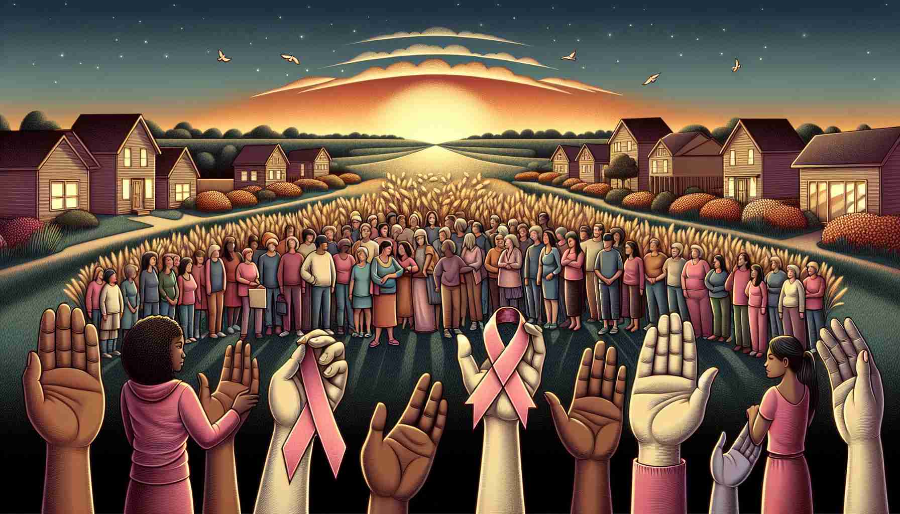 An illustrative representation showcasing a multicultural group of people with a balanced mix of genders coming together in a show support for victims. The scene should reflect a community gathering, forming a united front in raising awareness of sexual assault. Symbolic elements like hands holding ribbons or placards signifying solidarity can be included. The image should include serene suburban surroundings during twilight, with the horizon's last light coloring the sky. The ambience should be of resolution and unity, signifying the coming together of diverse people to tackle a grave social issue.