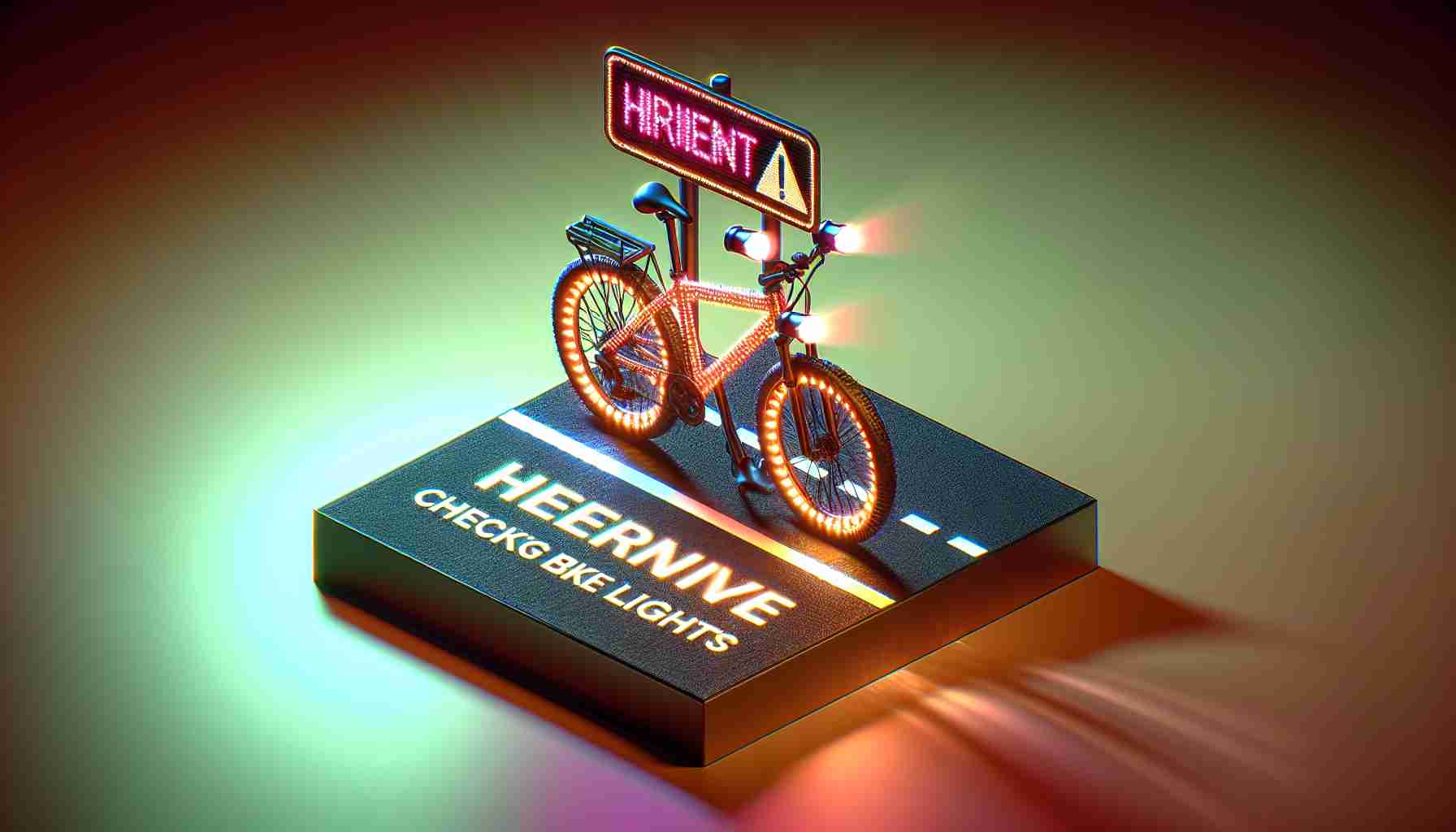 Generate a realistic HD representation of a safety alert for cyclists. The alert emphasizes the importance of checking bike lights. Visualize this in a way that creates urgency, suggesting immediate action. The image may include a bicycle with prominent lights and attention-grabbing signs or warnings to reinforce the message.