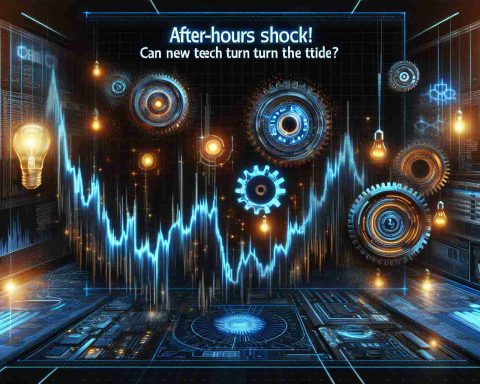 Generate a realistic high-definition visual representation of a financial downturn in a popular technology stock after trading hours. Show a line graph with a dramatic dip and overlay text that reads 'After-Hours Shock!' Then add another overlay depicting advanced technological innovations symbolized by glowing gears, hi-tech circuitry, and lightbulbs, accompanied by the text 'Can New Tech Turn the Tide?'