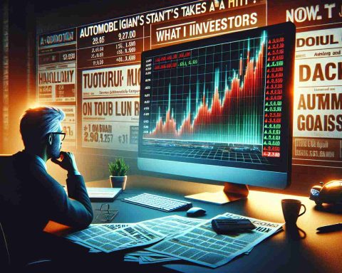 Generate a realistic high definition image displaying a dramatic stock chart on a glowing computer screen. The chart contains red and green bars indicating the rise and fall of a certain unnamed automobile company's stock. Beside the screen, a newspaper headline reads 'Automobile Giant's Stock Takes a Hit! What Investors Should Know'. Include visual elements such as a worried investor staring at the stock chart and a cup of coffee on the desk.