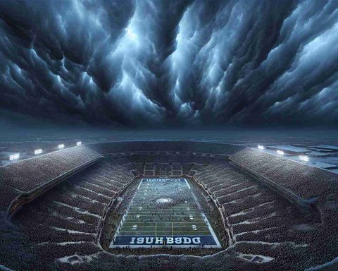 A detailed, high-definition, realistic image of a unique weather phenomenon hitting South Bend. The sky is darkened with heavy cloud coverage, an ominous sign of the impending storm. From afar, fans of college football are bracing themselves for an unforgettable game held in difficult, frost-touched conditions. The anticipation and resilience of the crowd is palpable amidst the chilling weather.