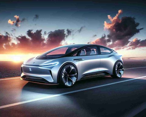 High definition, realistic image of a conceptual electric car that signifies a game-changer in electric mobility. The car features sleek aerodynamic design, modern aesthetics, LED lights, and alloy wheels. It's parked on a paved road with a sunset skyscape in the background underlining its futuristic approach towards automobility.