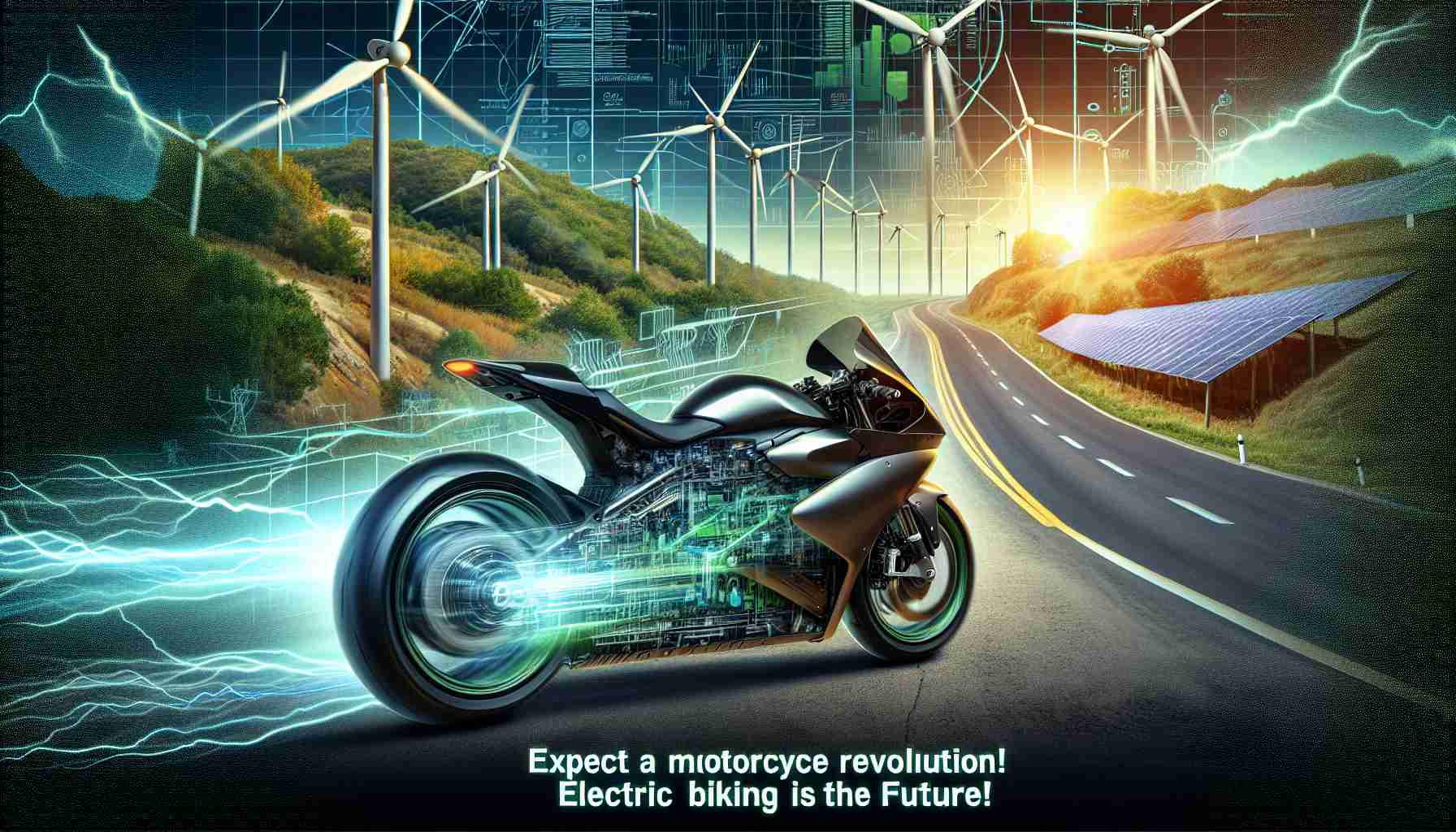 Generate an image of a dynamic and progressive scene depicting the revolution of transportation. Portray a sleek, futuristic electric motorcycle in high definition, zooming along on a winding road demonstrating speed and precision. The backdrop is a stunning landscape with clean wind turbines and solar panels, symbolizing the future of green energy. Superimposed on the picture are the words 'Expect a Motorcycle Revolution! Electric Biking is the Future!' in bold, eye-catching typography.