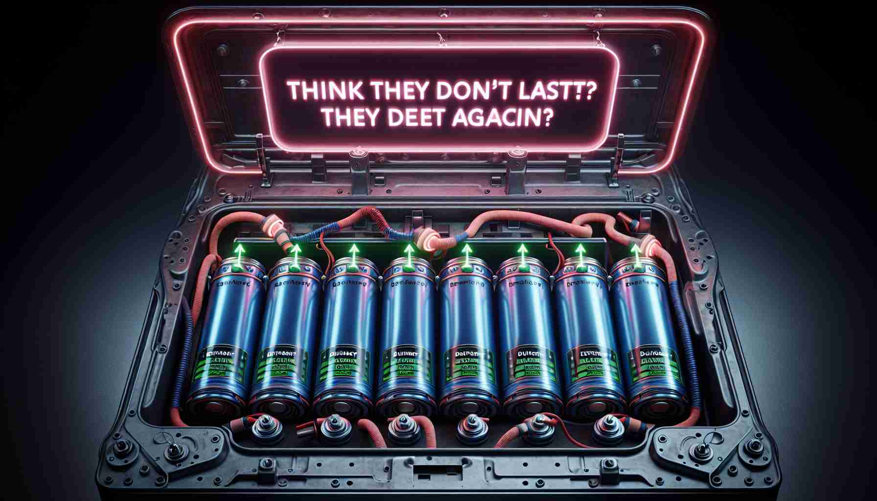 Generate a high-definition, realistic image of an open Electric Car battery compartment, showing a row of durable batteries with efficiency markings, and a neon sign hovering abover with the text 'Think they don't last? Think Again'. The image should illustrate long-lasting durability and advanced technology.