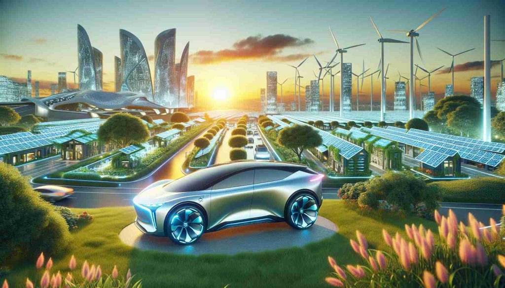 A realistic high-definition image showcasing the future of electric vehicles with the influence of sustainable growth as a strategic move. Depict a sleek, modern electric car design with futuristic features in a vivid, lush environment symbolising sustainability and growth. The environment is a bustling, technologically advanced city with solar panels on buildings and wind turbines elegantly cut against the skyline. With the sun setting in the background, it adds a warm glow to the overall image. Ensure the rest of the city is vibrant with electricity efficiently flowing through it, signifying a harmonious blend of technology and nature.