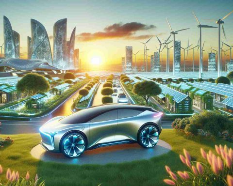 A realistic high-definition image showcasing the future of electric vehicles with the influence of sustainable growth as a strategic move. Depict a sleek, modern electric car design with futuristic features in a vivid, lush environment symbolising sustainability and growth. The environment is a bustling, technologically advanced city with solar panels on buildings and wind turbines elegantly cut against the skyline. With the sun setting in the background, it adds a warm glow to the overall image. Ensure the rest of the city is vibrant with electricity efficiently flowing through it, signifying a harmonious blend of technology and nature.