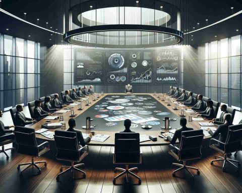 A high-definition realistic image capturing the atmosphere of a major corporate meeting room where important discussions are taking place. The room exudes the weight of the potential consequences and the automotive industry's future hanging in the balance. The centerpiece is a table filled with papers, charts, and graphs indicating market trends and strategies. It's a scene suggesting a huge auto merger could be on the horizon.