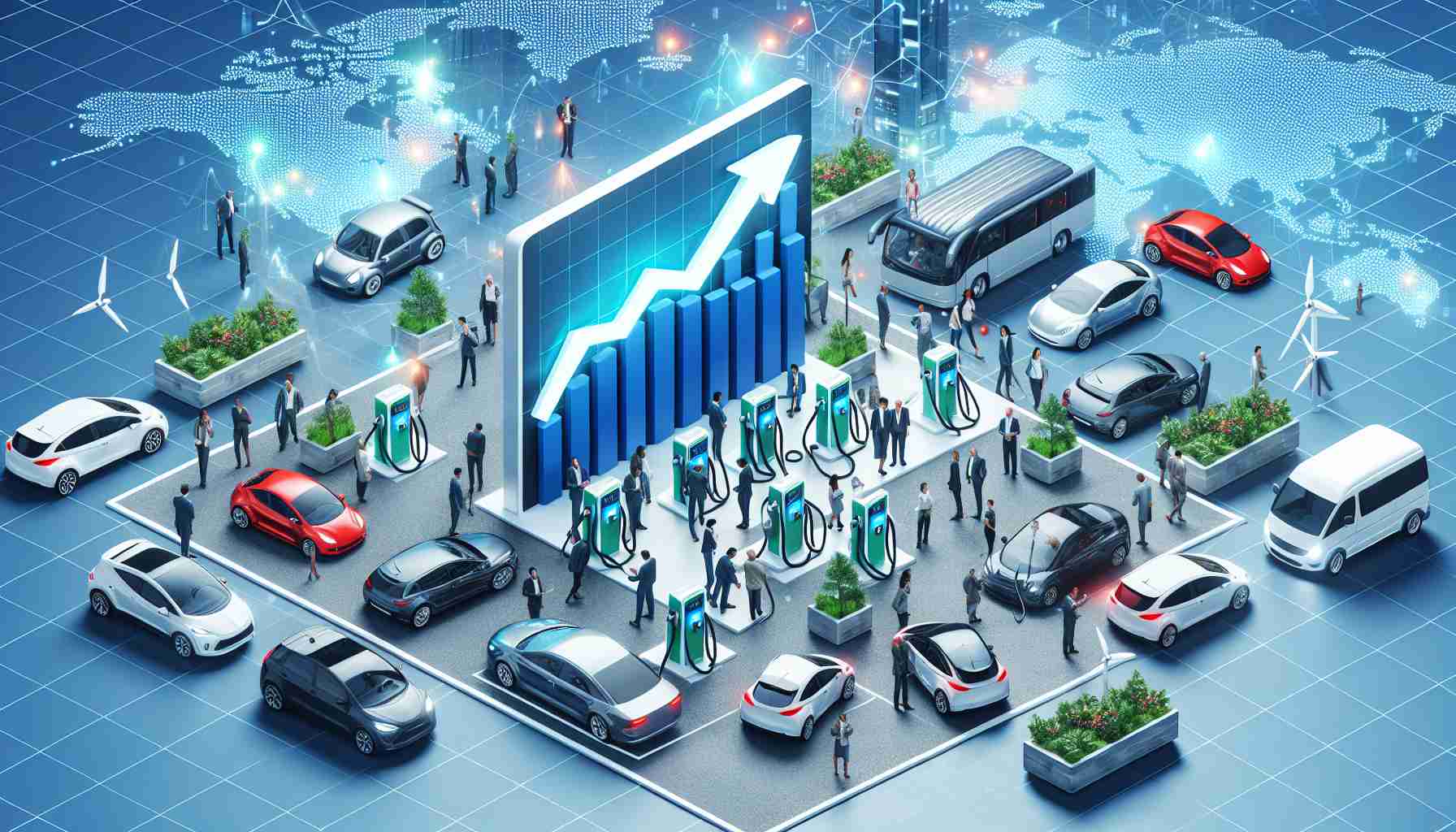 Create an image displaying a booming market for electric vehicle chargers. Present this by showing a graph with an upward trend indicating growth, surrounded by electric car charging stations buzzing with activity, with diverse individuals of different descents and genders charging their various electric vehicles.