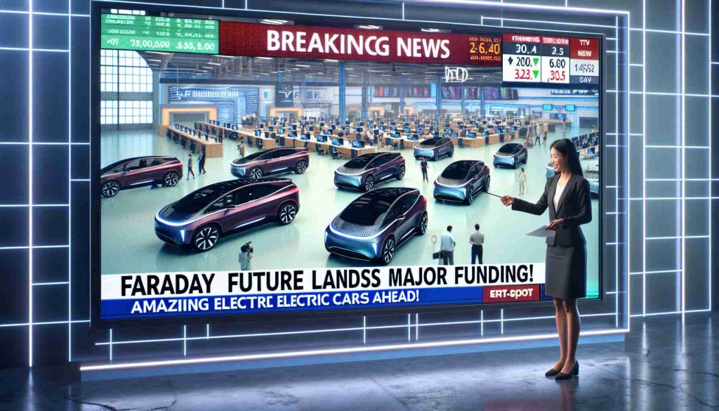 Generate a high-definition, realistic image of a Breaking News TV screen. The headline reads 'Faraday Future Lands Major Funding! Amazing Electric Cars Ahead'. The screen features a backdrop of a modern, bustling office space with individuals diligently working. The ticker at the bottom of the screen announces major stock market updates. On one side of the screen is an on-spot reporter, a South Asian female, pointing towards an array of repping new electric car models lined up for display.