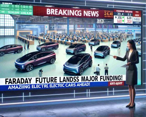 Generate a high-definition, realistic image of a Breaking News TV screen. The headline reads 'Faraday Future Lands Major Funding! Amazing Electric Cars Ahead'. The screen features a backdrop of a modern, bustling office space with individuals diligently working. The ticker at the bottom of the screen announces major stock market updates. On one side of the screen is an on-spot reporter, a South Asian female, pointing towards an array of repping new electric car models lined up for display.