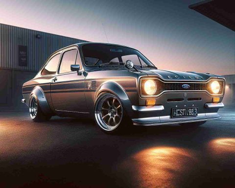 High definition image of a modern classic car, reminiscent of the Ford Escort. It is designed with a sleek, aerodynamic body painted in a bold metallic color. The car is parked under an open sky, with the glow of a setting sun illuminating every contour. The combination of old classic features with modern technology is evident, showcasing the elaborate headlight design, large alloy wheels and state-of-the-art interior. A badge adorns the front grille, hinting the revival of a legend in the automotive industry.