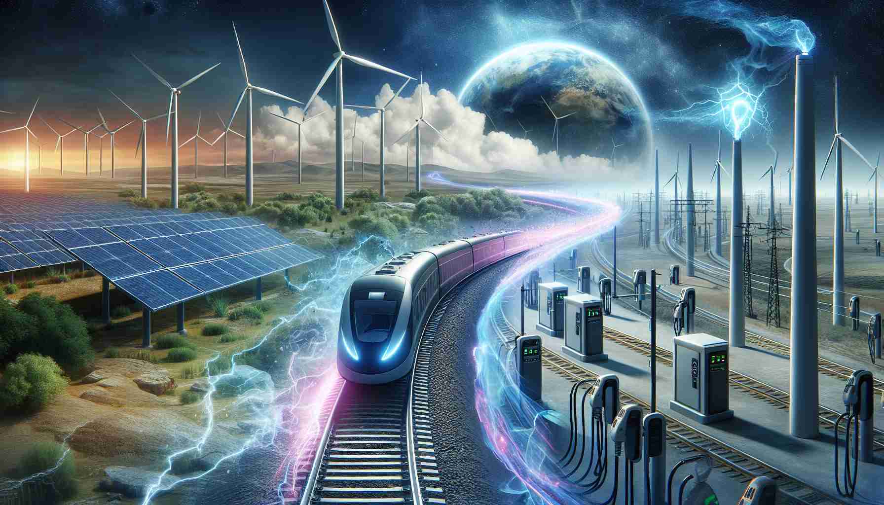 A high-definition image of the futuristic landscape of energy, represented by a mix of renewable energy sources such as wind turbines, solar panels, and electric charging stations. Alongside this, depict a metaphorical train track that suddenly diverts, suggesting potential disruption in the progress of the energy transition.