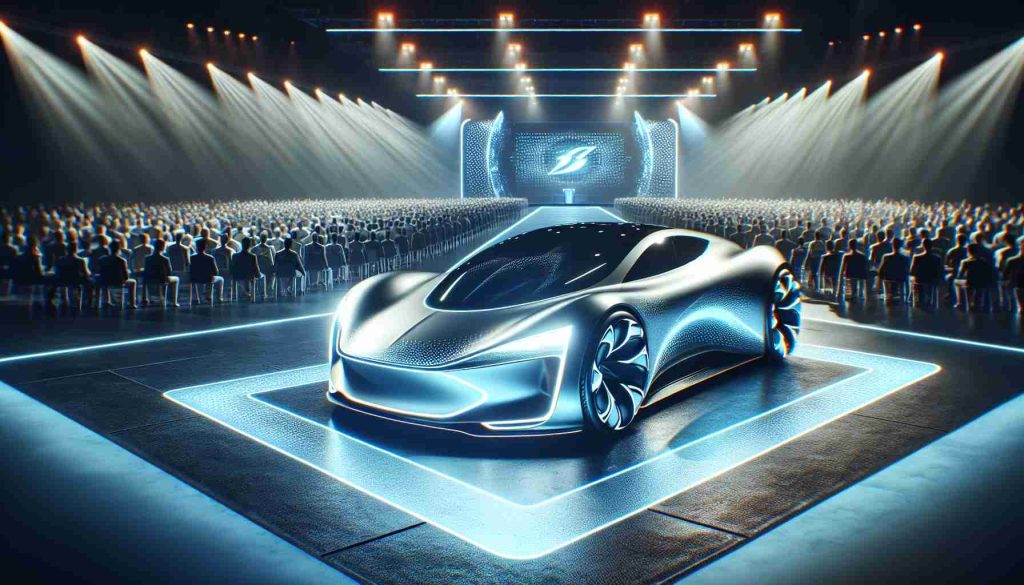 Generate a high-definition, realistic image of an innovative, futuristic concept car, surrounded by an atmosphere of excitement and anticipation. The vehicle should possess an electrodynamic design fitting for a major leap in electric vehicle technology. Let the unveiling event be grand and filled with bright lightings and a massive audience eagerly awaiting the revelation of this next big move in the electric car sector.