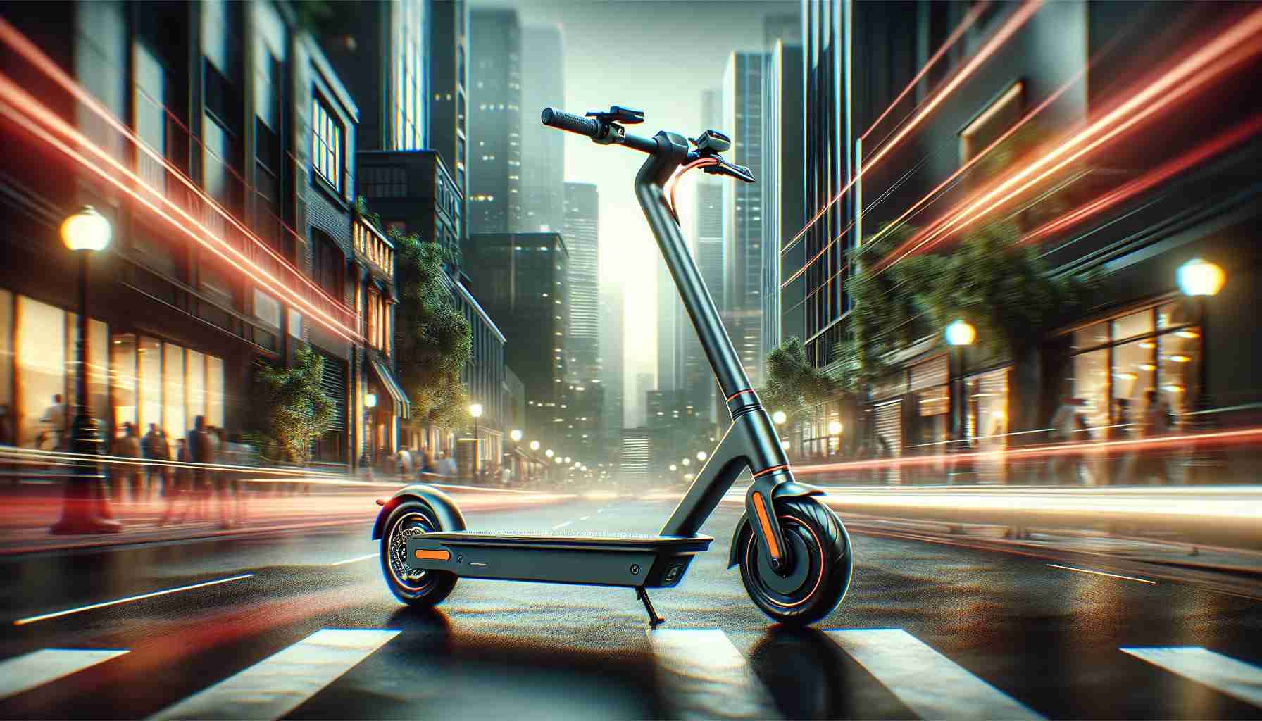 A high-definition, detail-filled image of a revolutionary urban mode of transportation, the NDuro electric scooter. The scooter is presented in a urban setting, with modern buildings and bustling city life as the backdrop. It boasts sleek design lines, advanced features like a digital display and LED lights, and a vibrant color that makes it stand out in the crowd. Innovative, eco-friendly, and stylish, it embodies the future of urban commuting.