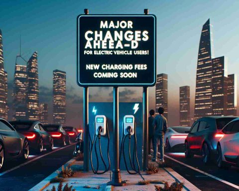 High-definition, realistic render of a signboard with the text 'Major Changes Ahead for Electric Vehicle Users! New Charging Fees Coming Soon'. The signboard is on a busy street, with electric cars lined up at charging stations nearby. The environment suggests a technology-advanced city with skyscrapers in the background. It's dusk, the city lights have just turned on, creating a beautiful contrast against the twilight sky. Mark the event with some people, of different descents such as Hispanic, Black, and Caucasian, apprehensively reading the sign.