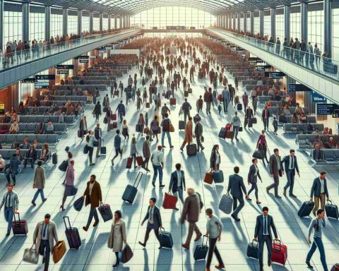 Generate a realistic, high-definition image presenting the scene of a typical travel rush during the Christmas holidays. In the scene, set in a major United Kingdom airport, visualize the airport bustling with people of all descents including Caucasian, Middle-Eastern, Asian, and Black. A variety of genders should also be represented with balanced distribution. People are seen carrying heavy bags and rushing to catch their flights. Please evoke a sense of business and pleasant holiday chaos in the image.