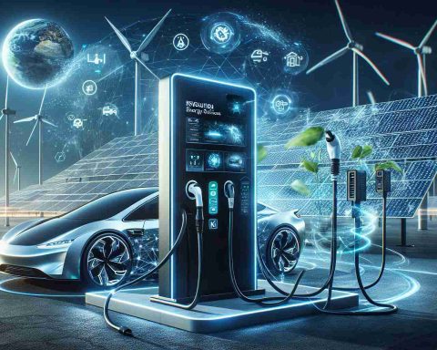 Generate a high-definition, realistic image that portrays the revolution of energy solutions. Display the future of electric vehicle charging solutions prominently in the foreground. Detail the charging station and the electric powered car hooked up to it. Ensure the background conveys an innovative and sustainable future, perhaps with solar panels and wind turbines. Incorporate advanced technological elements like digital displays, sleek designs, wireless charging options, and smart features that suggest interactivity with a user's smartphone. Convey a sense of progress, sustainability and innovation throughout the image.