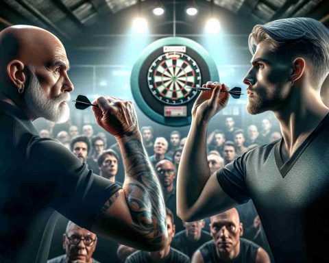 A high definition and realistic picture of a thrilling darts match. Two darts players, one an experienced master, the other an emerging talent, metaphorically referred to as 'Titans', face each other in an intense match. Their faces are determined and focused, the crowd around them is excited and watchful, waiting to see if the younger player can indeed overcome the seasoned one. Both players are garbed in standard dart player attire, with one being a Caucasian male and the other a Black male.