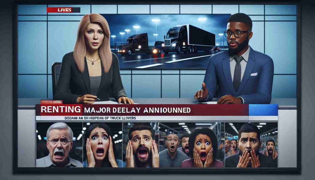 Create a realistic HD image that depicts the scene of a significant delay announcement for truck enthusiasts. The layout should preferably contain a broadcast studio setting with close-up shots of a Caucasian female TV news presenter in her 30s who looks concerned, and a Black male correspondent in his 40s reporting live from a truck factory or similar location. On the screen behind them, show graphics or text indicating a 'Major Delay Announced'. Include visibly express shocked faces of Hispanic and Middle-Eastern truck lovers reacting to the shocking news.