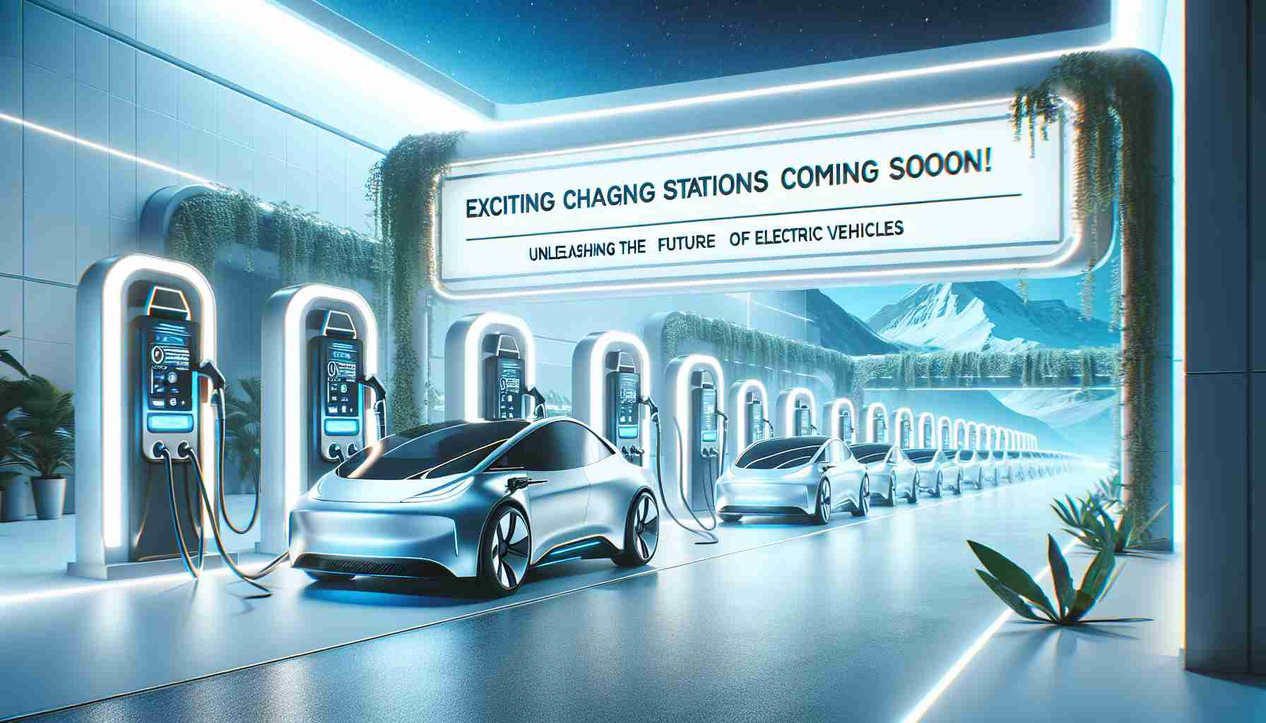 A detailed image showcasing the future of electric vehicles with forthcoming superior charging stations. It should depict an innovative environment filled with cutting-edge, sleek charging stations, along with a few modern electric cars lined up for recharging. The signboard should display the text 'Exciting New Charging Stations Coming Soon! Unleashing the Future of Electric Vehicles.' Make the overall atmosphere airy, dynamic and futuristic, rendering the whole scenario in high definition for a lifelike impression.