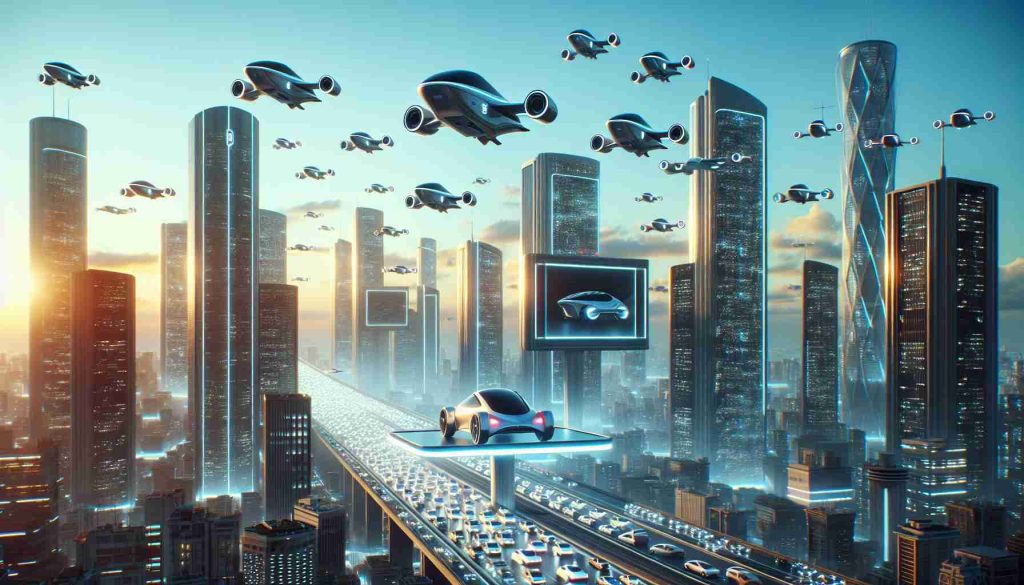 A realistic, high-definition image of a future city landscape characterized by flying cars. These cars are sleek and modern in design, showcasing advanced technology. The sky is brimming with these vehicles, illustrating a new era of transportation. Neon billboards placed on towering skyscrapers illuminate the scene, advertising the tagline 'The Future is Here'. The air traffic is orderly and efficient, leaving contrails of light behind, which signify the speed and efficiency of this futuristic mode of transport. The image embodies progress and innovation, offering a glimpse into what transportation might look like in the future.