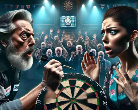 High definition image portraying an intense moment at the World Darts Championship. It's a suspenseful scene where two experienced dart players, one of Caucasian descent male and one of Hispanic descent female, face off. Tensions run high as expressions of shock and awe are visible on the spectators' faces. Who will emerge victorious in this legendary battle?