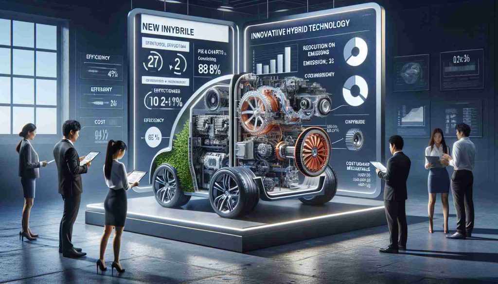 A high definition, realistic depiction of a new, innovative hybrid technology. The scene has an infographic panel on the side that breaks down the key features and functioning of the tech, pie charts showing efficiency, stats on reduction in emissions, and the cost-effectiveness of the technology. It should also display a detailed view of the interior mechanisms in a cutaway design. Also, show people interacting with the technology; an Asian woman reading the stats and a Hispanic man examining the technology.