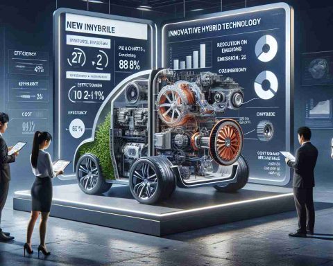 A high definition, realistic depiction of a new, innovative hybrid technology. The scene has an infographic panel on the side that breaks down the key features and functioning of the tech, pie charts showing efficiency, stats on reduction in emissions, and the cost-effectiveness of the technology. It should also display a detailed view of the interior mechanisms in a cutaway design. Also, show people interacting with the technology; an Asian woman reading the stats and a Hispanic man examining the technology.