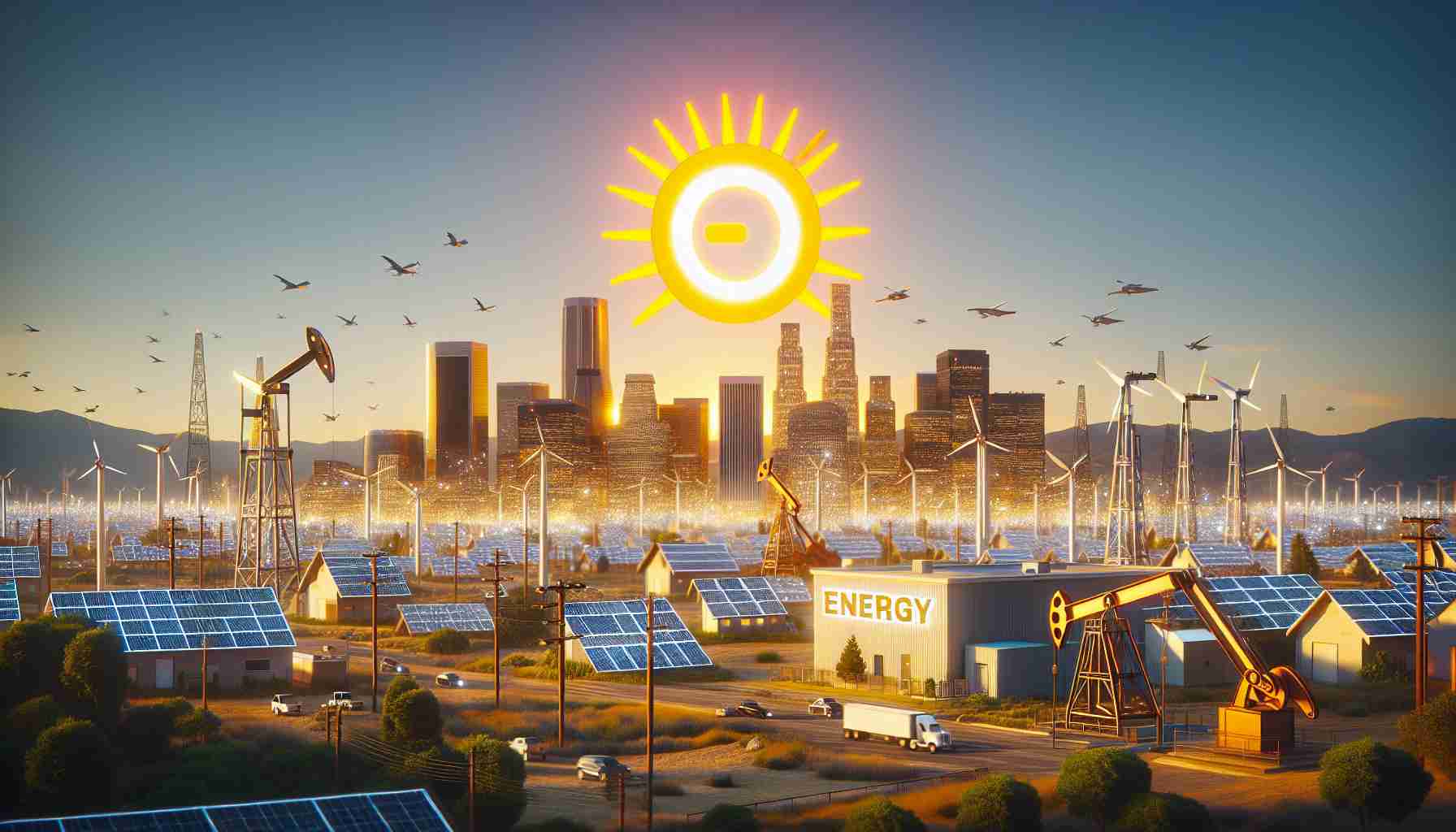 A high-definition, realistic image of a metaphorical representation of California's energy revolution. Picture a bright, optimistic scene where traditional energy sources like oil derricks are being replaced by modern, renewable energy elements, such as solar panels and wind turbines. The skyline is dominated by the logo of a generic energy company, symbolizing the bold new service being offered. This represents the future of power, with sustainable energy being the standard rather than the exception. Please note that this is a metaphorical interpretation rather than a literal depiction of any real event or location.