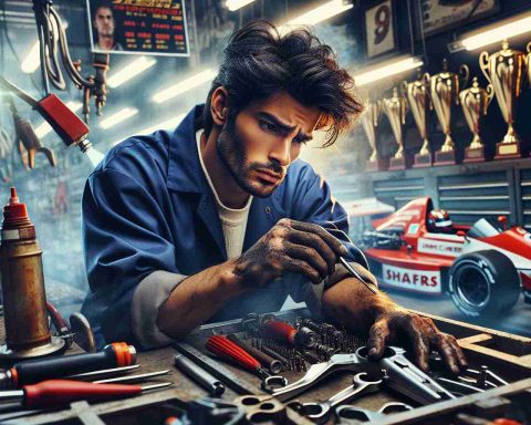 Generate a high-definition realistic image depicting 'Discover the Mechanic Prodigy: An Adventure Along the Fast Track'. The scene should contain a skilled mechanic, perhaps a South Asian man, busy working on a high-speed racing car in an automobile workshop filled with various tools. He's lost in his work, under the bright fluorescent lights. The background should display a collection of racing trophies displaying his past victories. His dedication towards his work is evident in his intense gaze and the grime on his hands.