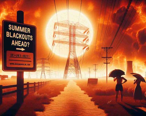 A realistic, high-definition image depicting a scenario of a potential summer energy crisis in Illinois. A heatwave is scorching across the plains, people are fanning themselves under the intense sun, and the silhouette of a giant power grid can be seen in the distance against a blistering sky. There's a gloomy signboard up front with the words 'Summer Blackouts Ahead?' imprinted on it. The atmosphere is filled with a tense thrum of impending energy shortage.