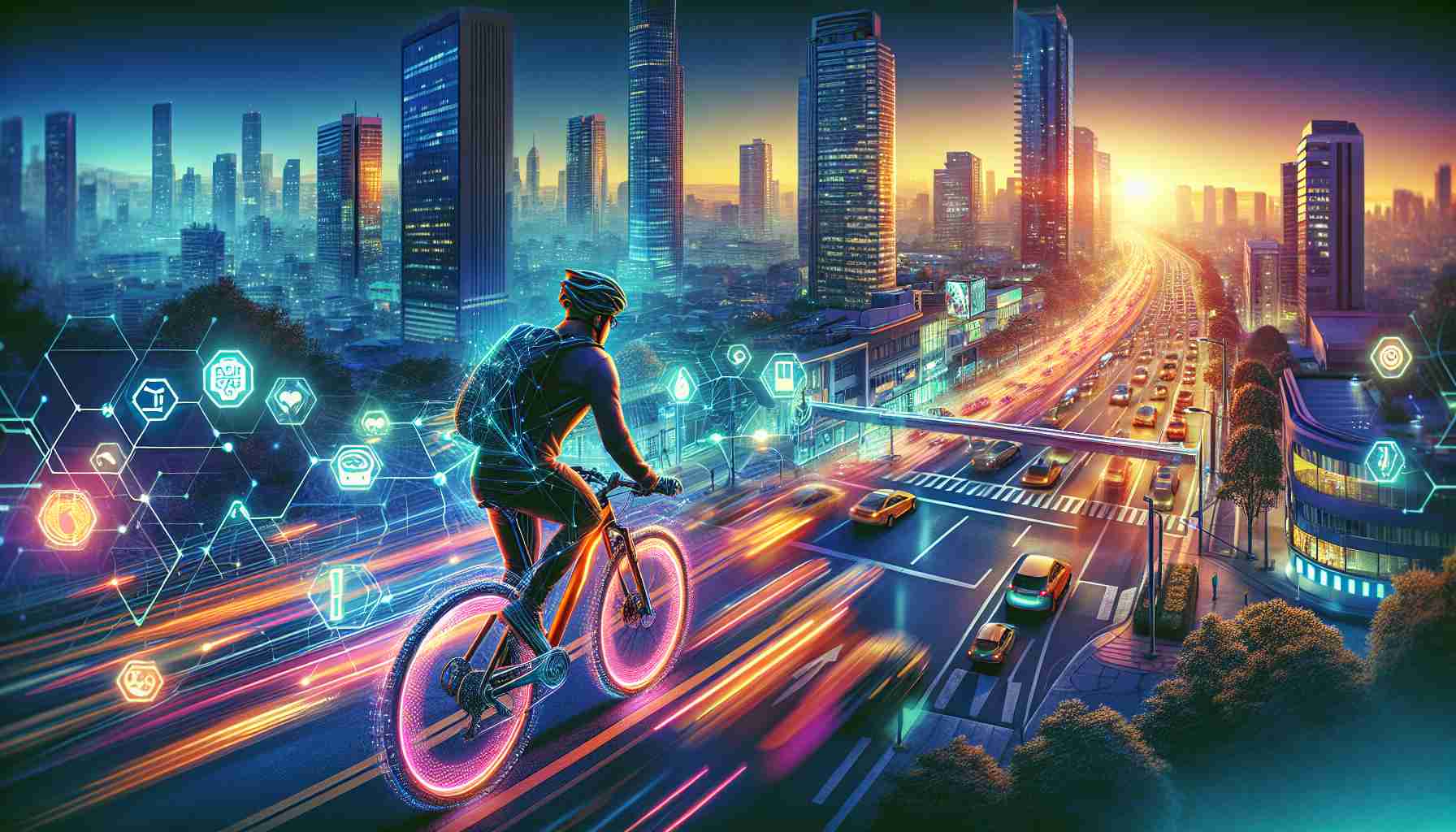 Vivid, high-definition illustration portraying a forward-thinking perspective on bicycle safety powered by technology. Visualize an advanced bike equipped with innovative gadgets like inbuilt LED lighting system, smart helmet with GPS tracking and a rear-view mirror camera. Capture a bustling urban setting during twilight, with the cyclist navigating a major intersection equipped with state-of-the-art traffic management system integrating IoT devices and artificial intelligence which are contributing to decrease in road accidents.