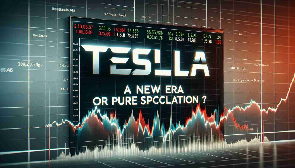 An HD image of a headline that reads "Tesla Shares: A New Era or Pure Speculation?". The headline is superimposed on top of a background of a stock market graph with dramatic ups and downs. The letters of the headline are bold and stand out against the graph. The graph showcases various market trends, with lines in various colors representing different data points. The overall aesthetic of the image is sophisticated and informative, appealing to finance experts and stock market enthusiasts. The image has a realistic feel to it.