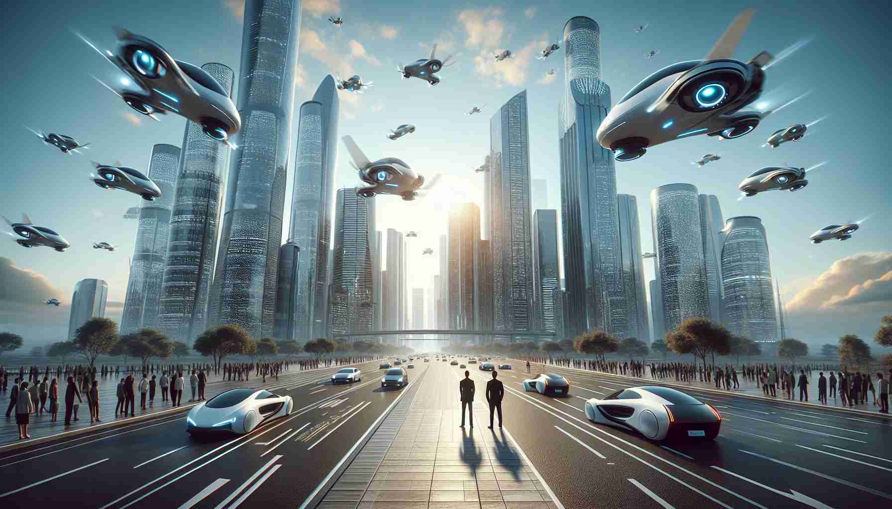 Visualize a realistic future where innovative technology has made flying cars not only possible but also a common sight. The sky is filled with sleek, modern flying cars hovering amongst tall skyscrapers, moving seamlessly in organized lanes. People look up, marvelling at the skyward revolution. They're ready for this new age of skyward transportation and the transformation it brings to the landscape of their city. Make it a high-definition image that captures the details and the vibrance of this futuristic scene.