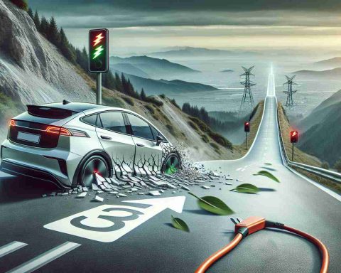 An image representing the concept of the Electric Vehicle Boom potentially slowing down. Perhaps visualise it with a detailed, high-resolution image of an electric car on the brink of losing its momentum on a steep hill, hinting towards a potential slowdown in the trend. Symbols such as a slowing speedometer or red traffic lights could be used too to signify the 'shocking truth'. The scene should portray a realistic style.