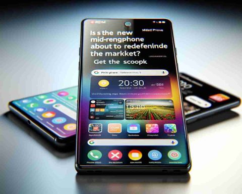 High definition realistic image of a mid-range smartphone with the brand label obscured. The phone features a sleek design with a large, crystal-clear screen displaying an array of vibrant app icons. There's a news headline on the screen that reads, 'Is the new mid-range phone about to redefine the market? Get the Scoop'. The phone is set against a modern background, signaling the latest technological advancement.