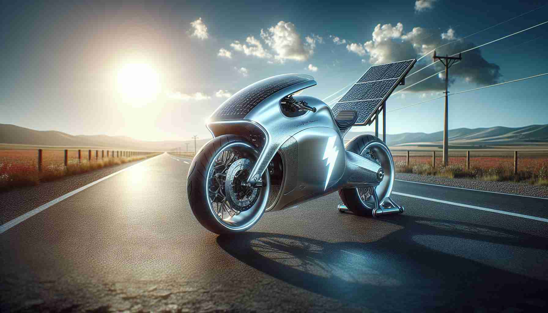 An ultra high-quality, realistic image showcasing the latest innovation in electric motorcycles. This revolutionary motorcycle is futuristic in design, it shimmers with a vibrant hue of metallic silver. Solar panels can be seen integrated into its structure, contributing to its sustainable nature. It's parked outdoors under the bright sun on an open road that stretches into the horizon, conveying the limitless possibilities it represents. Please note, there should be a big badge or icon on the bike or somewhere in the scene showing a lightning bolt - symbolising its electric power pedigree.