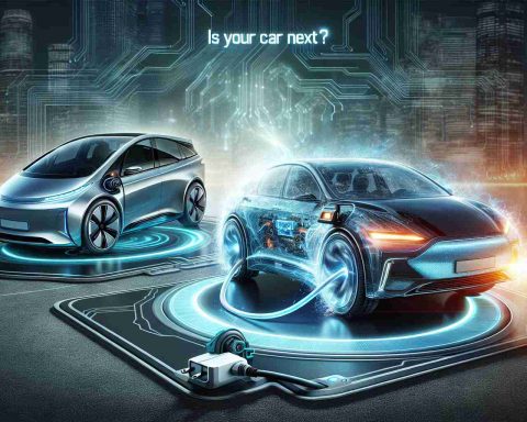 A detailed image in high definition showcasing a future scenario where electric vehicles are significantly advanced. On one side, there's a sleek and modern electric vehicle, possibly a sedan with innovative features akin to futuristic automotive technology. An energized, dynamic aura surrounds it as it charges on a wireless pad. On the other side, a traditional gasoline car, possibly a somewhat outdated model, is parked, looking considerably less advanced. The question 'Is Your Car Next?' floats prominently in the air between them, provoking contemplation.