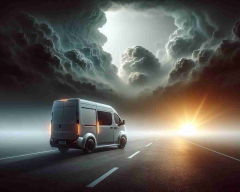 A detailed and realistic HD photo indicative of the uncertain future faced by Canoo, the electric van maker. Perhaps an image that shows a Canoo electric van in hazy weather, standing alone on a dimly lit and seemingly endless road, hinting at uncertain times ahead. Towering storm-clouds could darken the sky, while in the distance a glimmer of hopeful dawn peeks out, portraying a sense of resilience amidst uncertainty.