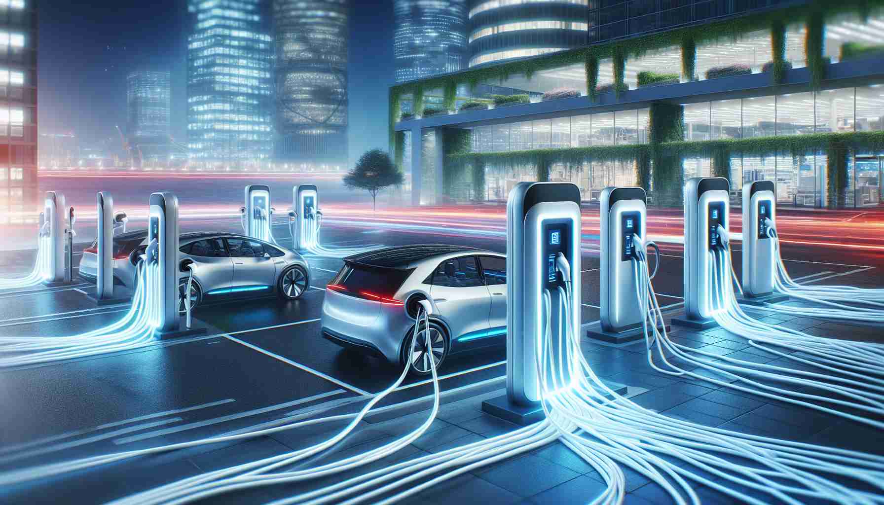 Generate a high-definition, realistic image depicting a major expansion of electric vehicle charging infrastructure. Visualize an environment where ultra-fast charging stations are becoming prolific. Imagine advanced technology and modern design elements incorporated into these charging stations. The scene should convey the notion of rapid growth and speedy charging capabilities.