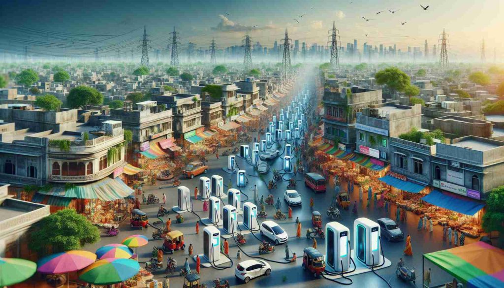 Generate a realistic, high definition image representing the future of India's electric power infrastructure, focusing on the growth of charging stations. Visualize a landscape filled with advanced, clean, and eco-friendly charging stations scattered across urban and rural areas alike, signifying a rise in electric energy consumption and a path towards sustainable development. Incorporate elements of everyday Indian life, like streets bustling with pedestrians and various traffic, bazaars teeming with color, fauna, and flora peculiar to India. Remember to highlight the transformative shift from traditional to electric power sources.