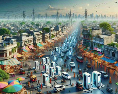 Generate a realistic, high definition image representing the future of India's electric power infrastructure, focusing on the growth of charging stations. Visualize a landscape filled with advanced, clean, and eco-friendly charging stations scattered across urban and rural areas alike, signifying a rise in electric energy consumption and a path towards sustainable development. Incorporate elements of everyday Indian life, like streets bustling with pedestrians and various traffic, bazaars teeming with color, fauna, and flora peculiar to India. Remember to highlight the transformative shift from traditional to electric power sources.