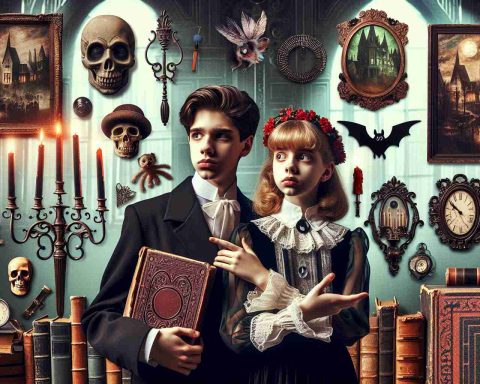 Generate a high-quality, realistic picture of two siblings having a surprising connection to classic horror genre. Both of them wearing vintage horror-themed outfits and surrounded by elements from classic horror films such as gothic atmosphere, eerie shadows, old books on witchcraft, antique candelabras and oil paintings depicting haunted houses.