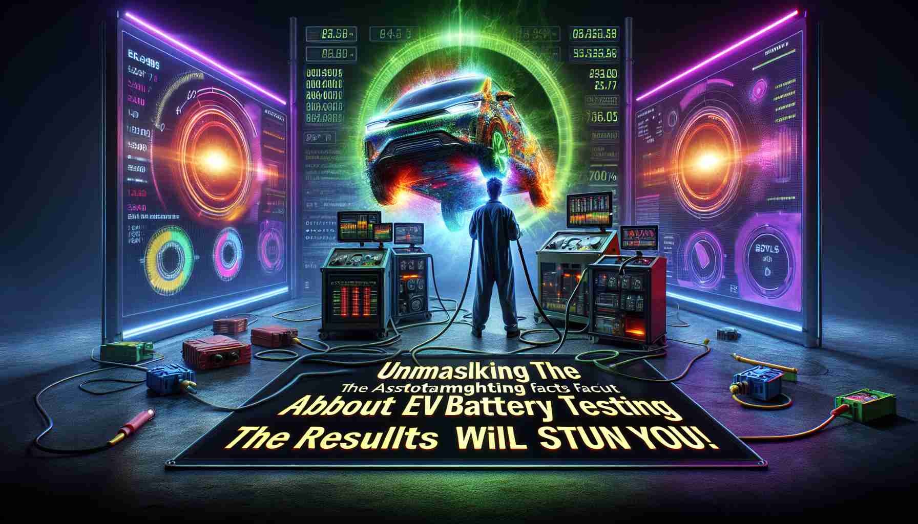 A high-definition image, made in a realistic style, depicting a dramatic scene of electric vehicle battery testing. The image includes a variety of vivid and intense colors representing technical instruments, digital readouts, and the impressive energy that electric vehicle batteries can store. An overlay of bold text reads: 'Unmasking the Astounding Facts About EV Battery Testing - The Results Will Stun You!'. The text is designed to pique curiosity and cause a sense of surprise and disbelief.