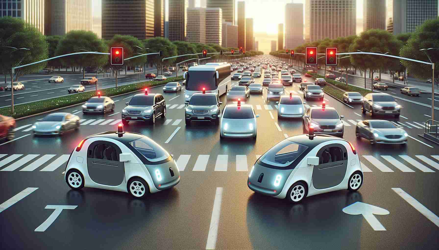 A photorealistic, high-definition image of autonomous electric vehicles encountering difficulties on a bustling roadway, symbolizing a significant challenge in an ambitious plan for self-driving technology. The cars belong to an unspecified generic brand to avoid infringement but are nonetheless sleek and state-of-the-art. They are halted amidst traffic, with error signals flashing on their panels, capturing the essence of technological disruption amidst evolution.