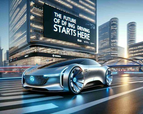 A high-definition, photorealistic image showcasing a futuristic 2025 vehicle highlighting advanced technology and innovative design. The car is sleek, aerodynamic, and possesses a silver metallic sheen under the clear blue sky. It is representative of the cutting-edge advancements in the automobile industry, with focus on sustainability, performance, and safety. A large banner in the background reads: 'The Future of Driving Starts Here'. This scene is set on a busy city street lined with led-lit office buildings, creating a dynamic and futuristic atmosphere. Please note, the specific brand or make of the car is not defined.